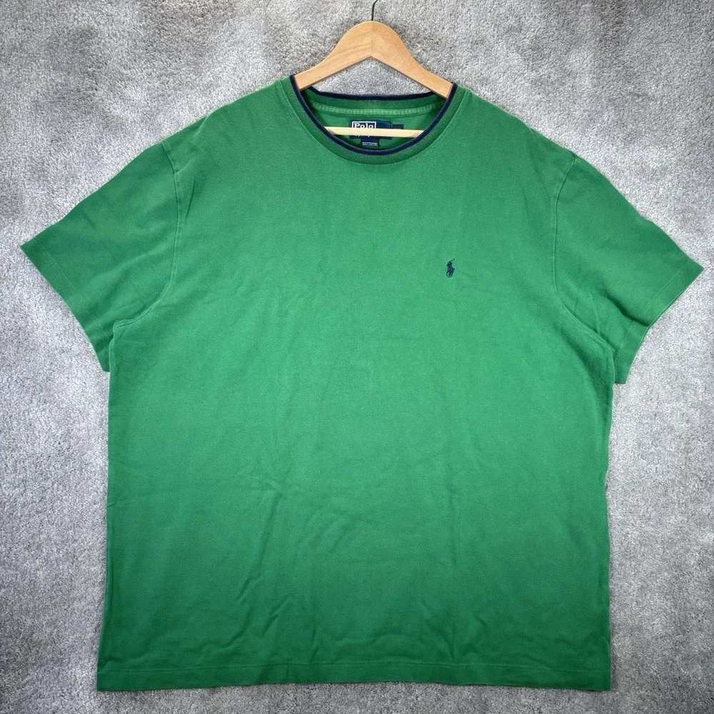 Vintage Polo Ralph Lauren‎ Shirt Mens 2XL Green Cotton Ringer Short Sleeve 90s